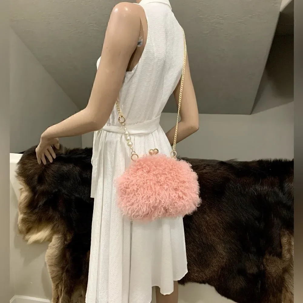 Handmade Genuine Curly Shearling Kisslock Wristlet/Shoulder Bag/Crossbody